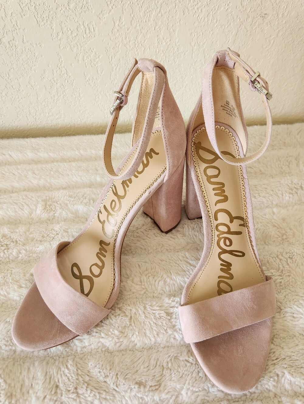 Sam Edelman Yaro Women's Heels Soft Blush Suede Leather Ankle Strap Block Heel